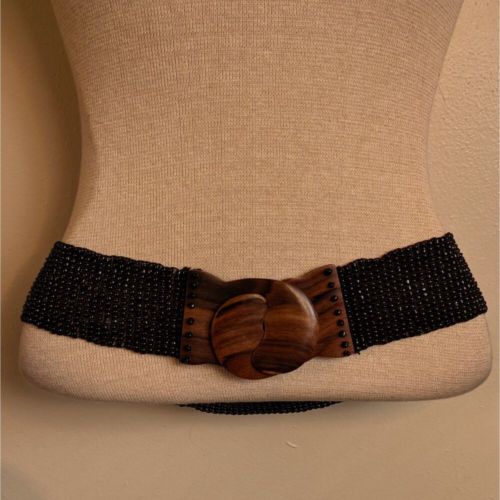 Vintage Glass Beaded Wooden Buckle Belt Women's Large Black